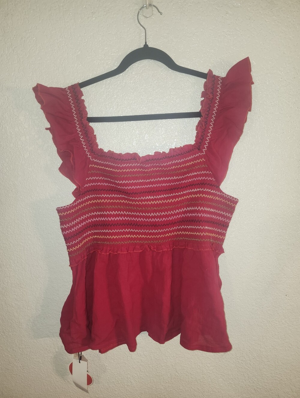 NWT Cider🍎 "Square Neckline Smocked Babydoll Tank Top" Red❤️ 💯% Cotton🙌🏻 MED - Picture 9 of 10